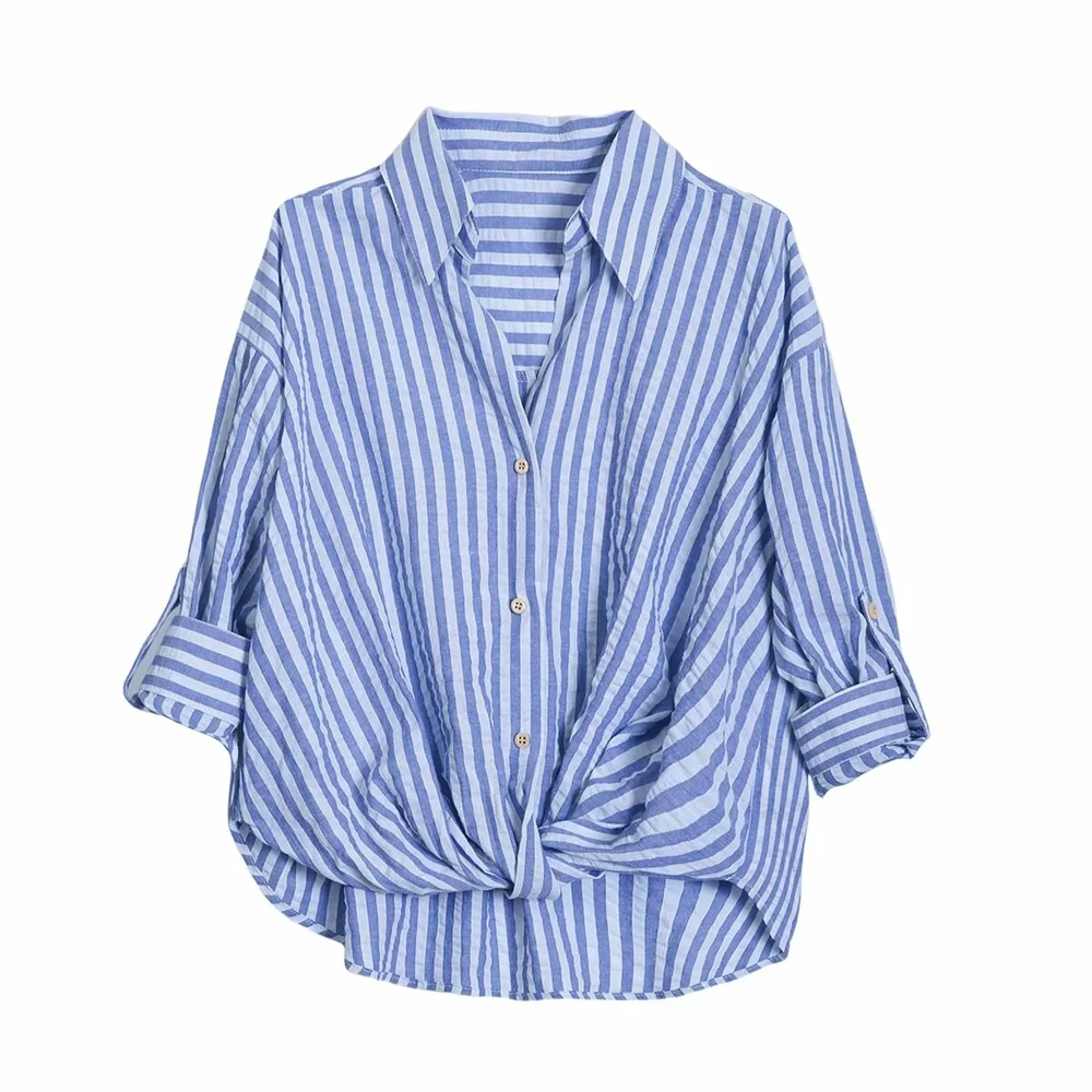 TRAF 2024 Summer New Product Women's Casual Collar Curled Edge Long Sleeve Casual Linen Blended Striped Dress Shirt