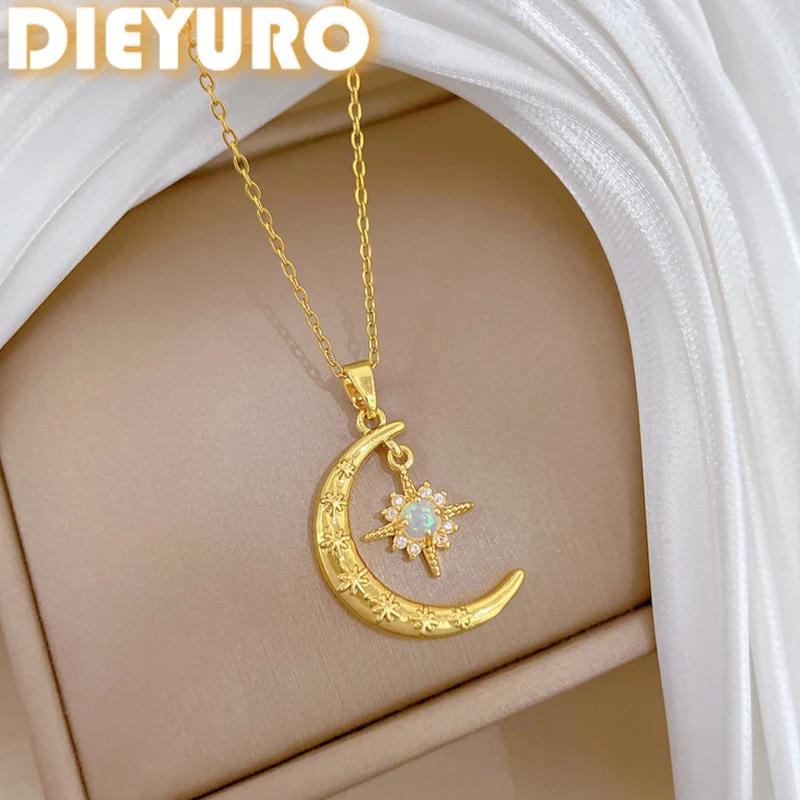 DIEYURO 316L Stainless Steel Golden Gorgeous Moon Stars Inlay Colorful Crystal Pendant Necklace Women Non-fading Jewelry Gift