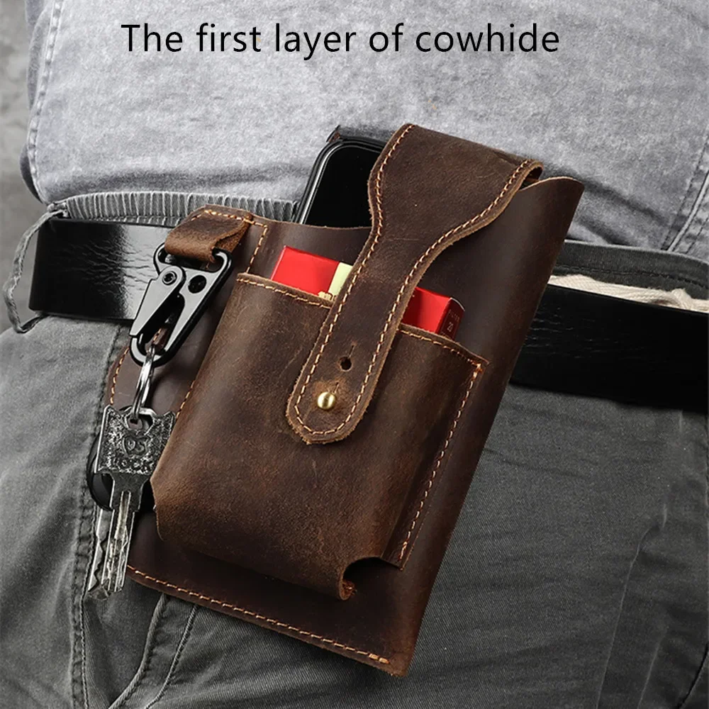 Retro 100% first layer cowhide belt bag Crazy Horse leather sports package mobile phone cigarette handmade wallet storage bags