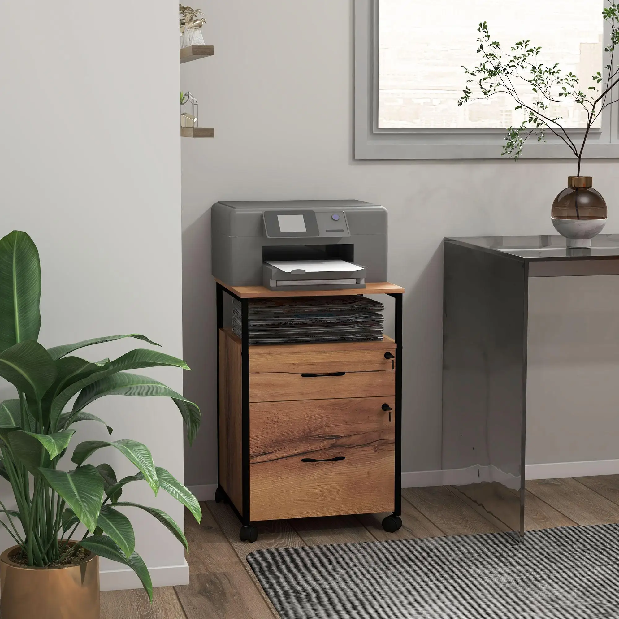 Ensemble de bureau 6 pièces marron avec cadre en bois, service d'assemblage inclus pour le travail au bureau et à domicile, design compact