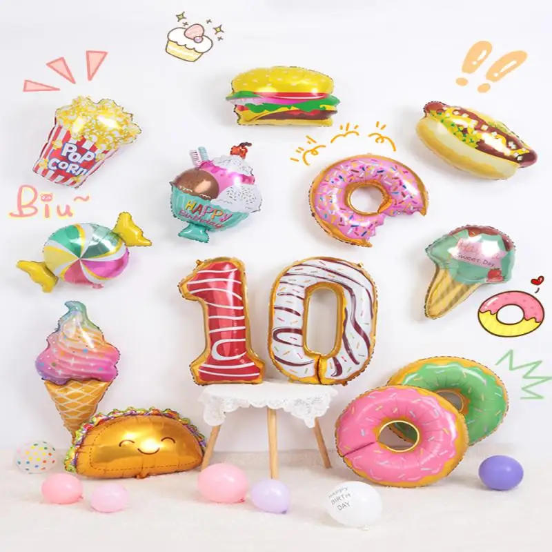 Cute Burger Donut Foil Balloon Colored Candy Ice Cream Popcorn, Helium Aluminum Balloon, Kids Baby Shower, Birthday Party Decors