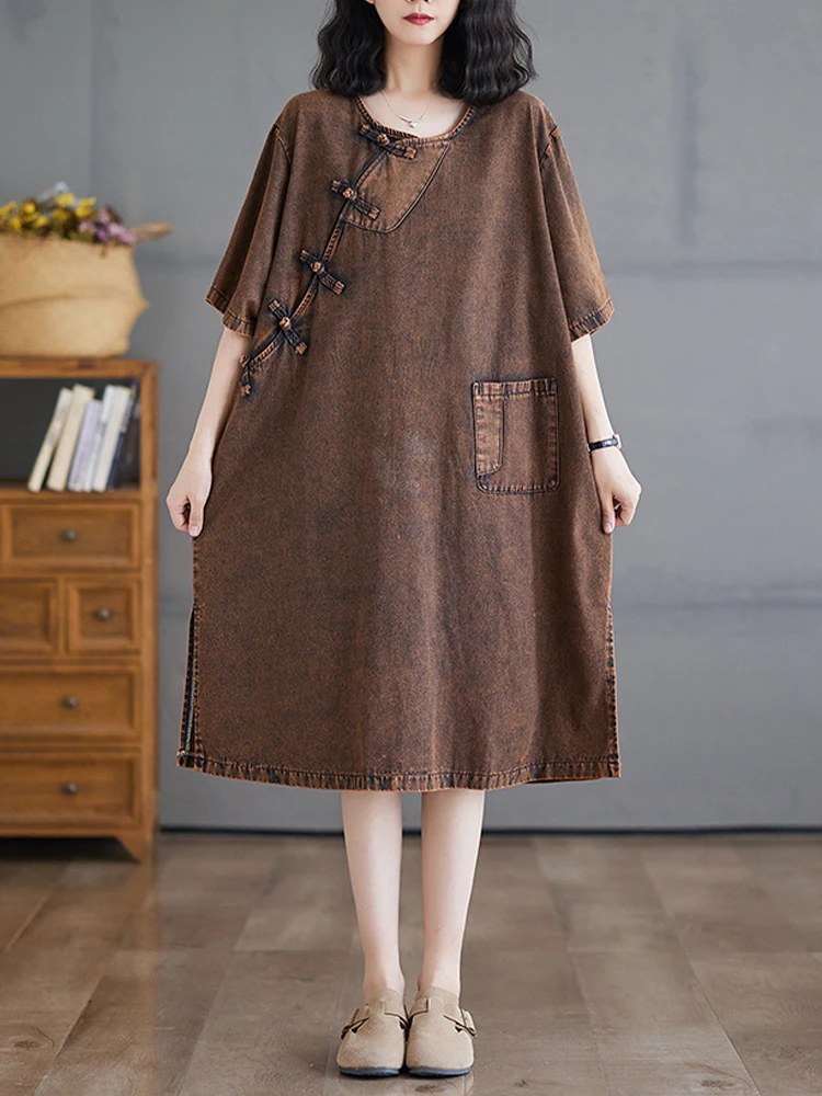 Amax luluE Chinese Spring Womens Vintage Denim Oversized Dresses Loose Casual Luxury O Neck Vestidos Ladies Classic Long Clothes