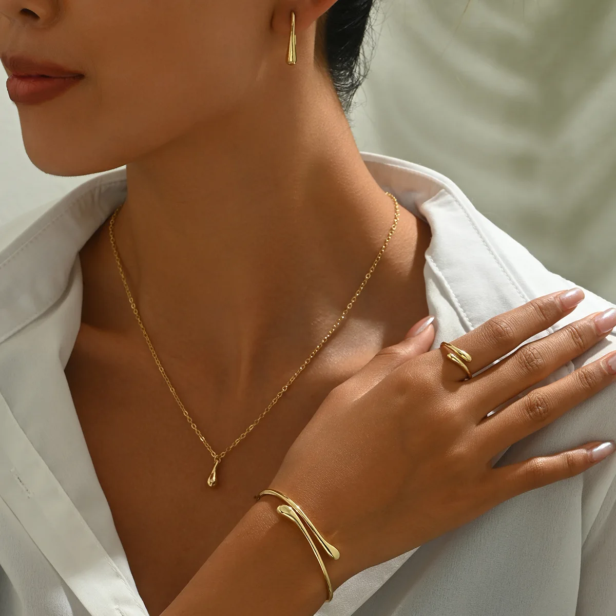 

CHKAWOCI Korean Simple Fresh Water Drop Design Earrings Necklace Ring Jewelry set Personality open adjustable bracelet
