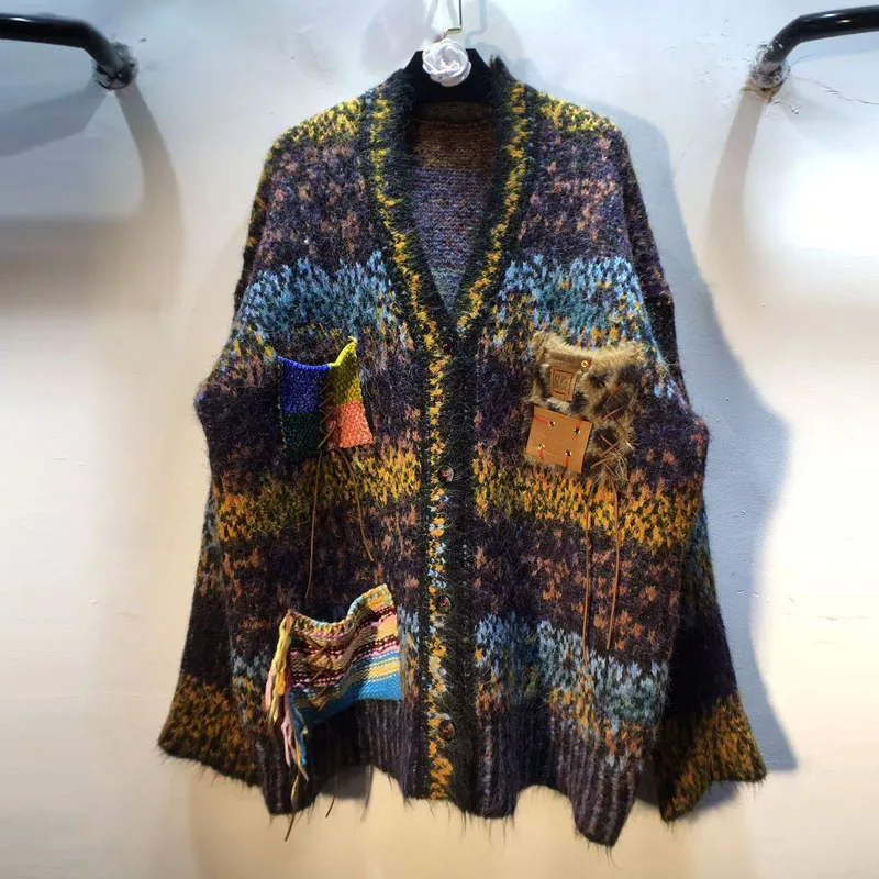 2025 Autunno Inverno Nuovo stile europeo Patchwork Stampa leopardata Tasca colorata Giacca cardigan maglione a blocchi di colore allentato dimagrante