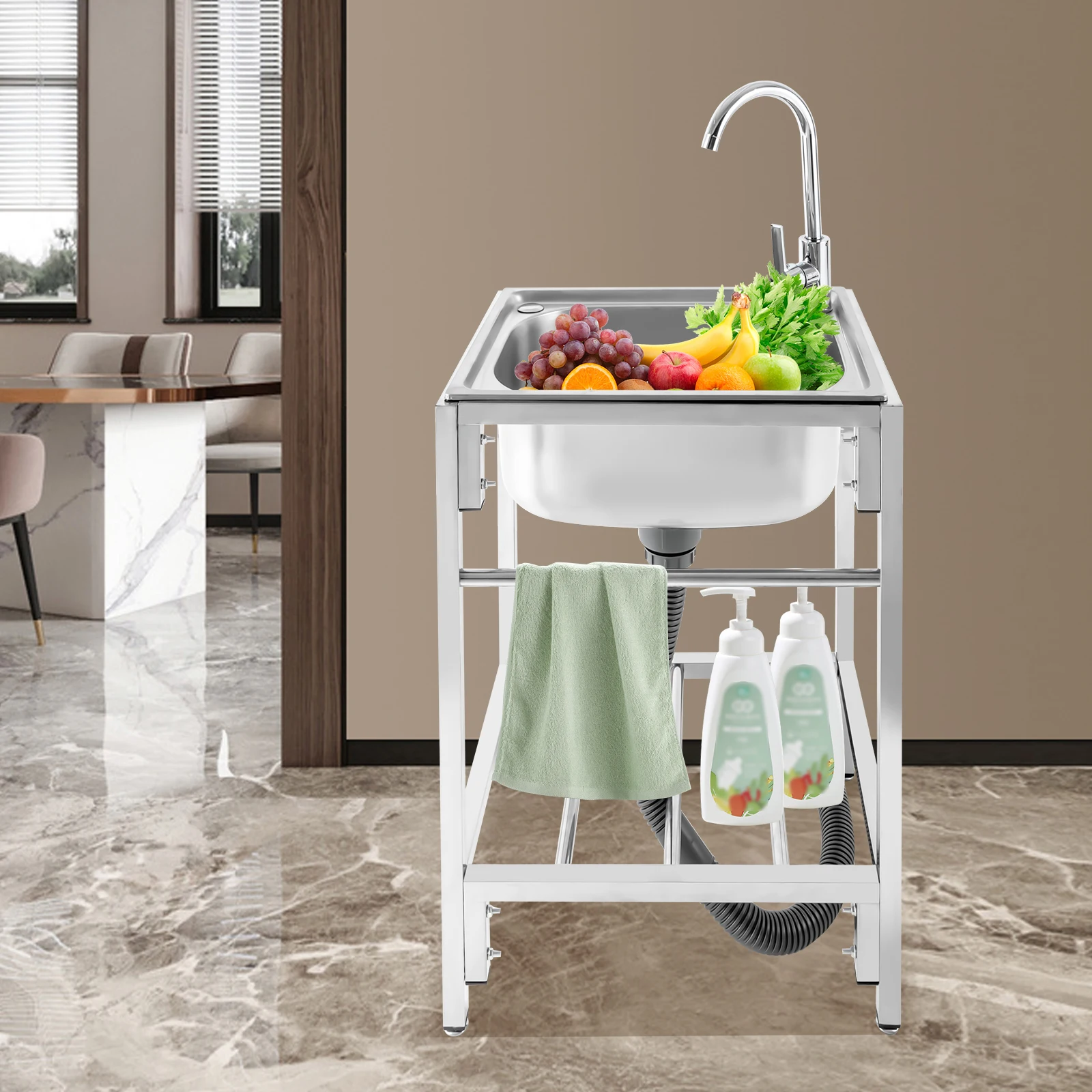 

Freestanding Stainless Steel Single Basin Sink 50*40*75cm – Deep, Silent, Raised Design for Efficient Cleaning