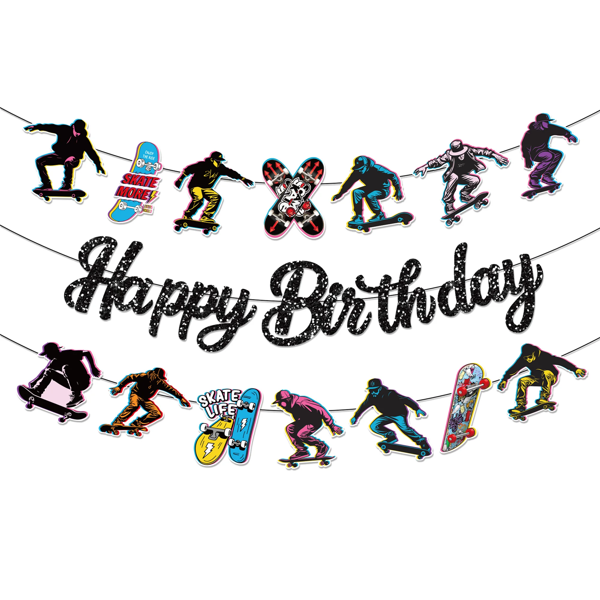 19-teiliges cooles Geburtstagsbanner mit Skateboard-Motiv, Wandbehang, Wimpelkette für Geburtstagsdekoration, Babyparty-Partyzubehör