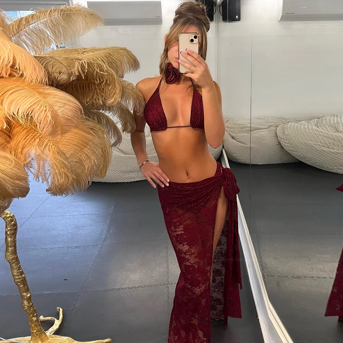 3Packs Lace Bikini Set With Beach Skirt Flower Women Sexy Swimsuit Red Swimwear Female Crochet Dress Bathingsuit Sarongs Biquini