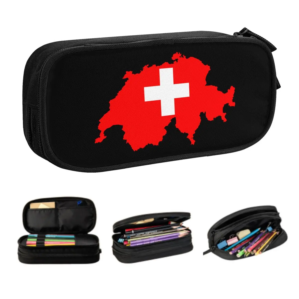 Cute Custom Swiss Map Switzerland Flag Pencil Cases for Boys Gilrs Large Capacity Pen Bag Box Stationery