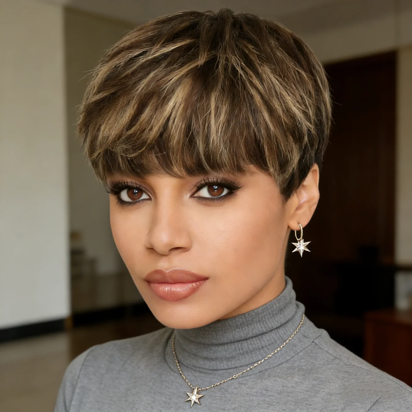 

Парик P4/27 из натуральных волос, коричневый с мелированием, стрижка пикси, для женщин, короткий прямой с челкой, плотность 180%, естественный вид, универсальный, стильный