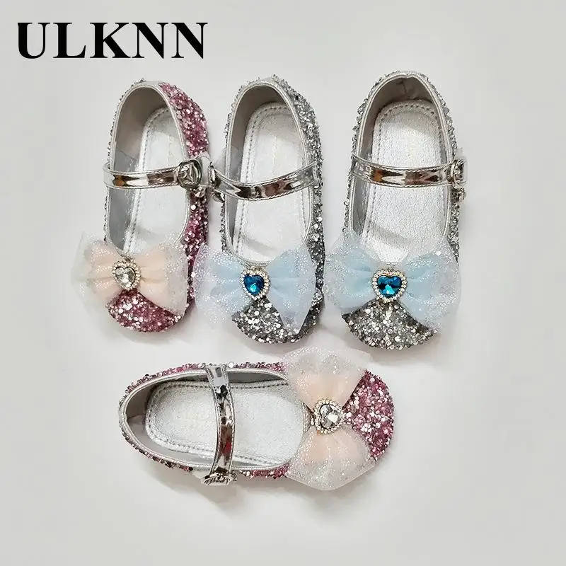 Princess Flats For  Girls Silver Shoes Autumn New Children Brim Bowknot Shoe Baby Pink Diamond Single Shoes Size 25-35