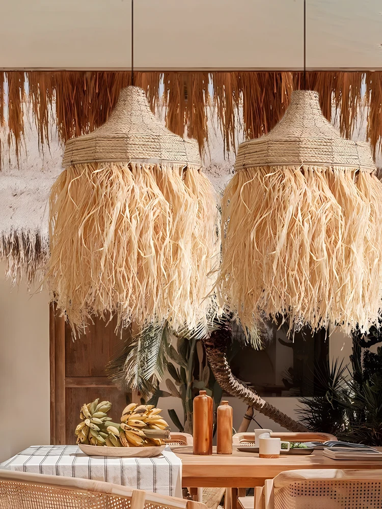 

Restaurant chandelier Southeast Asian hotel homestay club dining restaurant handmade woven Lafite grass tassel lamp