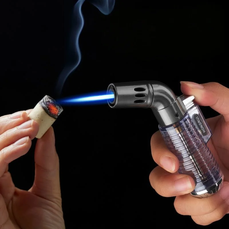 Portable Transparent Elbow Straight Torch Inflatable Lighter Mini Welding Gun with Large Capacity Gas Chamber for Cigars