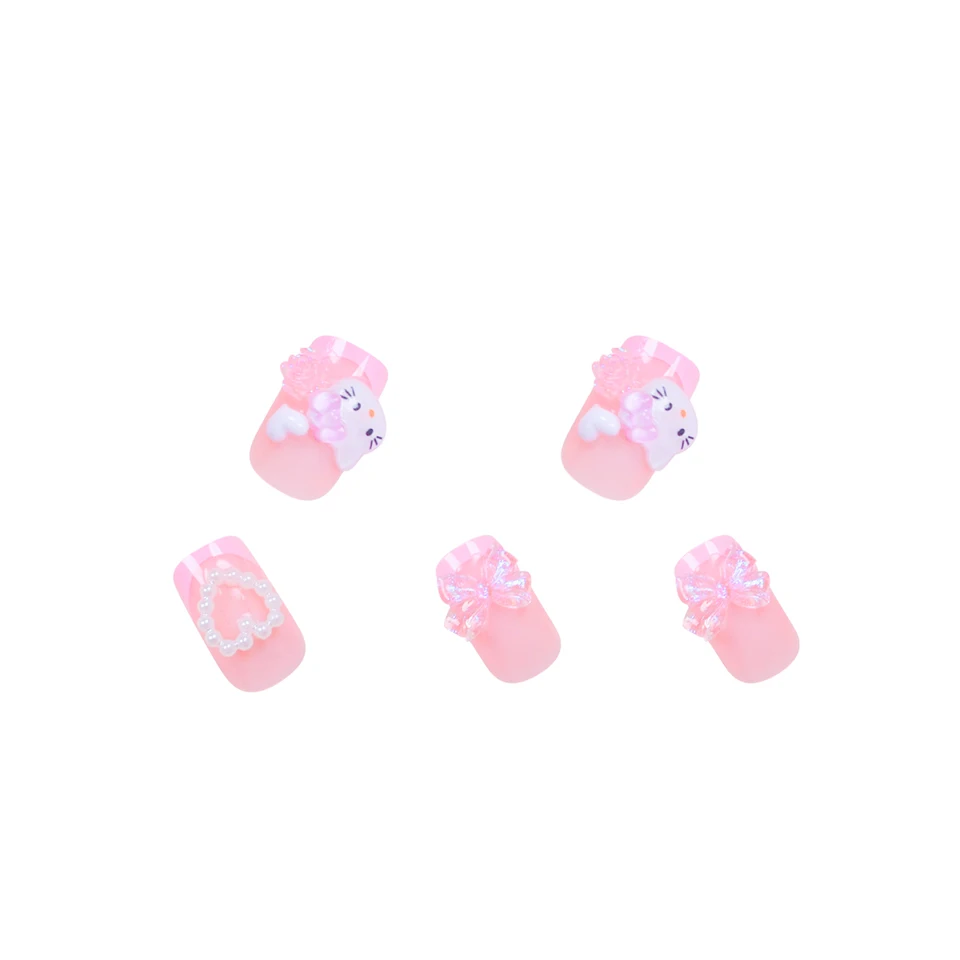24 uñas postizas medianas cuadradas, rosa francés, lindo gato caricatura, blanco, amor, camelia, gelatina, moño 6
