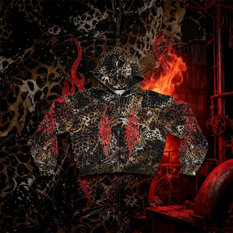 Y2K Vintage Distressed Hoodie Leopard Camouflage Red Flame Graphic Oversized Zip Up Hoodie Men Women Fashion Loose Streetwear