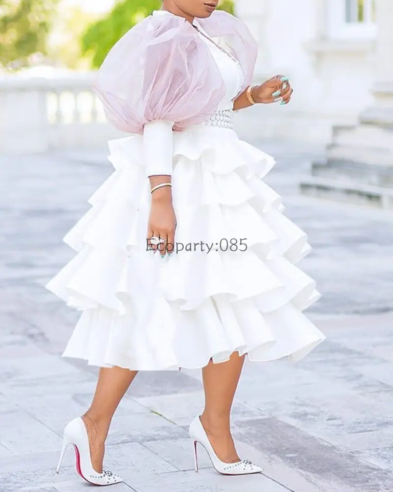 Women Party Dresses Sweet High Waist Large Size White Solid Cake Puff Dress Autumn/Winter Round Neck Bubble Sleeve Dresses