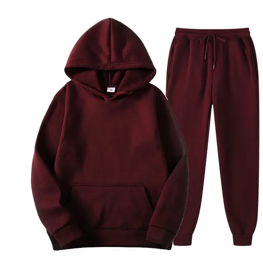New Solid Color Ins Style Spring Fall Thickened Fleece Lined Couple Men's Slim Fit Athletic Tracksuit Set - view 2
