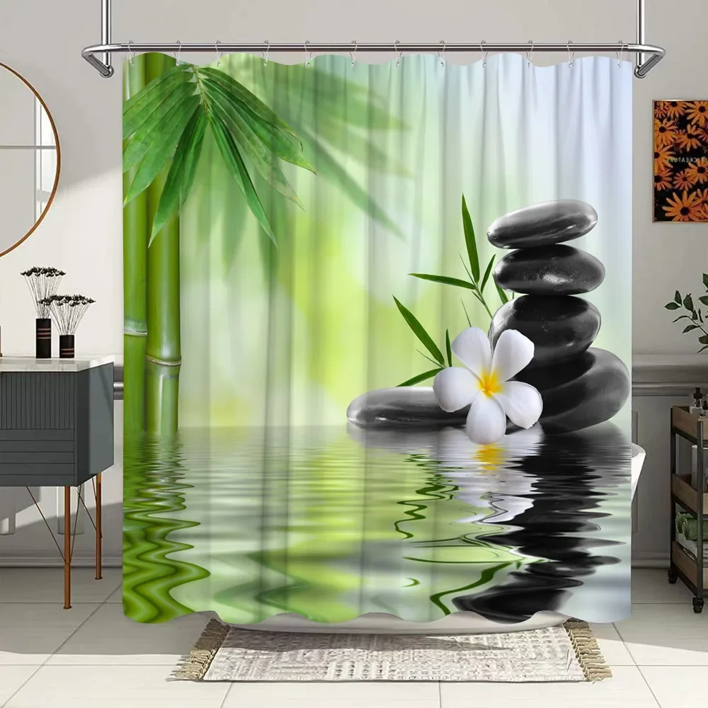 Green Bamboo Zen Stone Shower Curtains Lotus Flowing Water Zen Landscape Shower Curtain Home Bathroom Decoration Set with Hooks