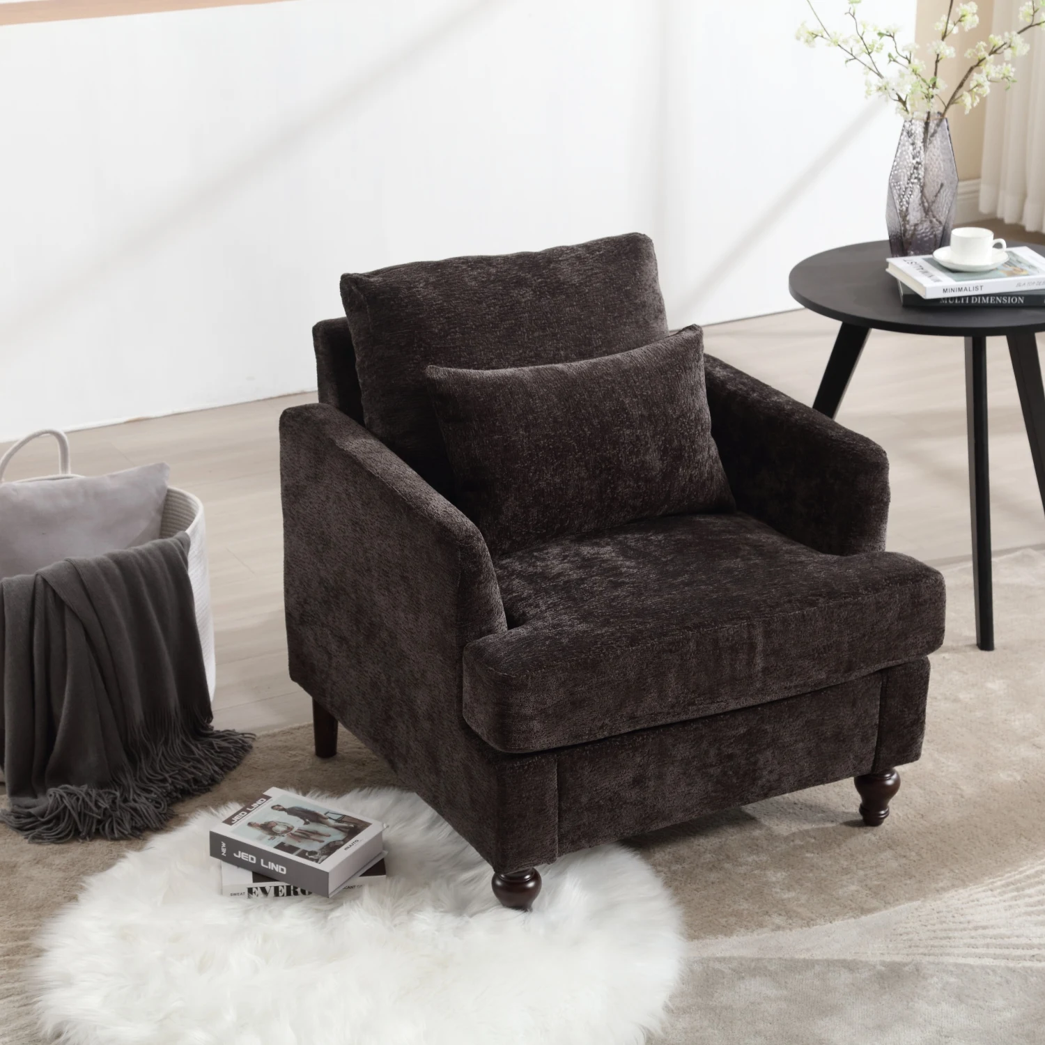 COOLMORE Modern Black Chenille Wood Frame Armchair - Tufted Lounge Club Chair with Studded Details for Living Room or Bedroom Re