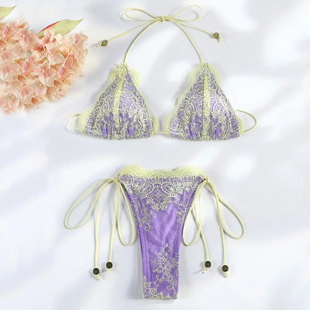 

2Pcs/Set Fashion Summer Lace Bikini Set Bandage Hollow Triangle Swimwear Patchwork Casual Women Swimsuit Beach