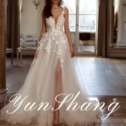 YunShang Customized Sexy 3D Flowers Front Silt Applique Sweep Train A-Line V-Neck Fairy Garden Wedding Dress robes invitée maria