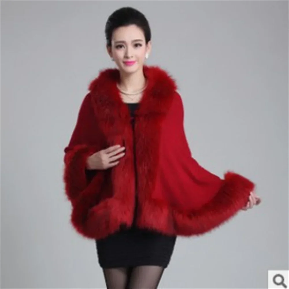 13 Colors Faux Fox Fur Collar Wool Cashmere Poncho Capes New Winter Women Black White Knitted Cardigan Loose Emboss Shawl Coat