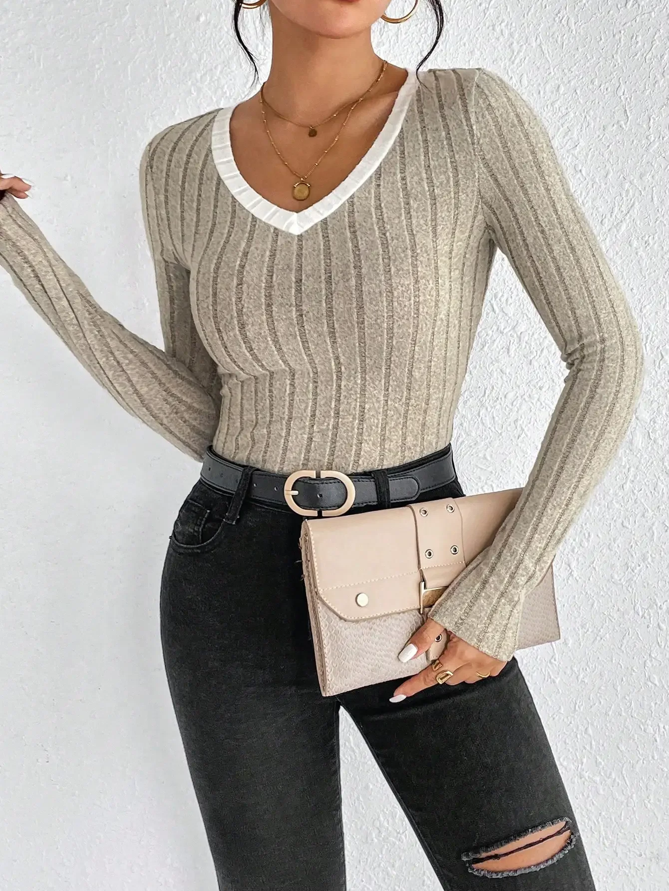 Damen Slim Sexy Knit Langarm Top Damen V-Ausschnitt Hals Edge Clash Top Neue Herbst und Winter Damen Casual Pullover