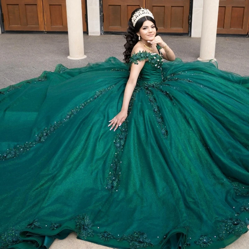 EVLAST Customized Emerald Green Quinceanera Dress Ball Gown Lace Applique Beaded Mexican Sweet 16 Vestidos De 15 Años TQD873