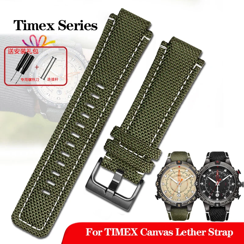 24*16mm Sports Canvas Watchband Leather Bottom For TIMEX T2N720 T2N721 TW2R55500 TW2T76500 Army Green Brown Watch Strap Bracelet