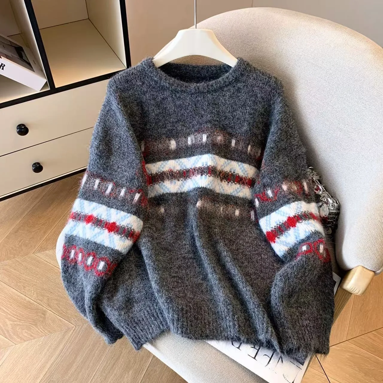 

Retro Women's Thiened Autumn Winter Knitwear Loose Sweater Inner Wear Island Pattern Design Moisture ng Long Sve ro...