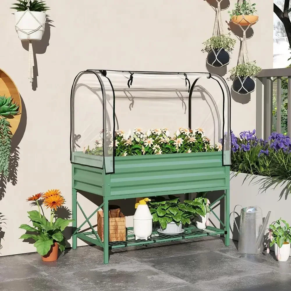 Green Metal Elevated Planter Box with Cover and Storage Shelf for Vegetables, Flowers, and Herbs