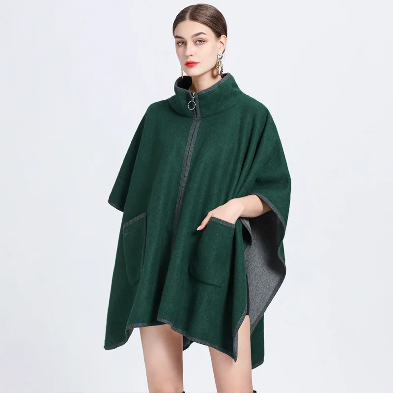 Autumn Winter New Stand Collar Pocket Zipper Cape Knitted Cardigan Woolen Coat Female Ponchos Capes Khaki Cloaks