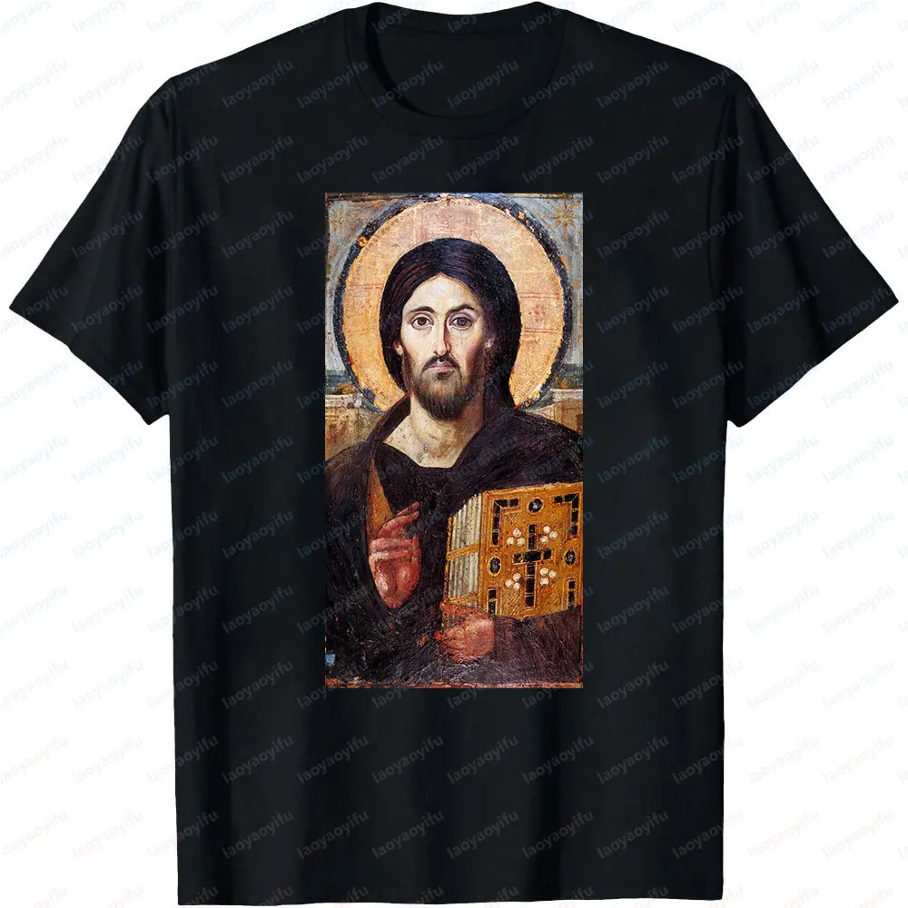 T-shirt imprimé à manches courtes en coton unisexe, cadeau de Jésus-Christ, icône du pantocrateur, homme chrétien orthodoxe du Sinaï, été