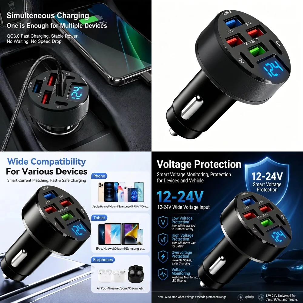 6 Port 100W Fast Car Charger with LED Digital Voltage Display QC3.0 PD USB Multi Port Charging Adapter for iPhone Samsung iPad