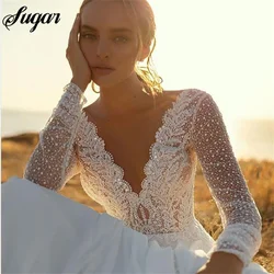 A Line Chiffon Wedding Dress Long Sleeves Sexy V Neck lace Bride Dress Boho Wedding Gown PluS Size Simple Wedding Dress