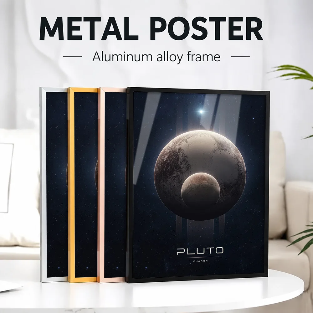 Planet Pluto And Charon Framed Aluminum Metal Poster Customized Photo Vibrant Nebula Style Wall Art For Study Space Lover Gift