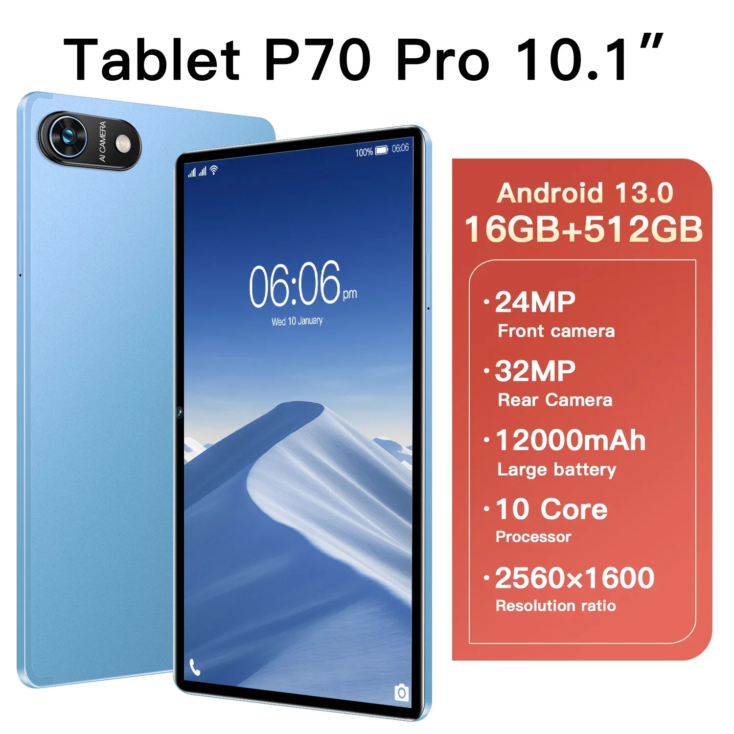 

P70 Pro Game Tablet - High-end Android 13 Tablet with 10.1'' HD Dual-SIM, 16GB+12000mAh Battery, GPS, 24MP+32MP Camera