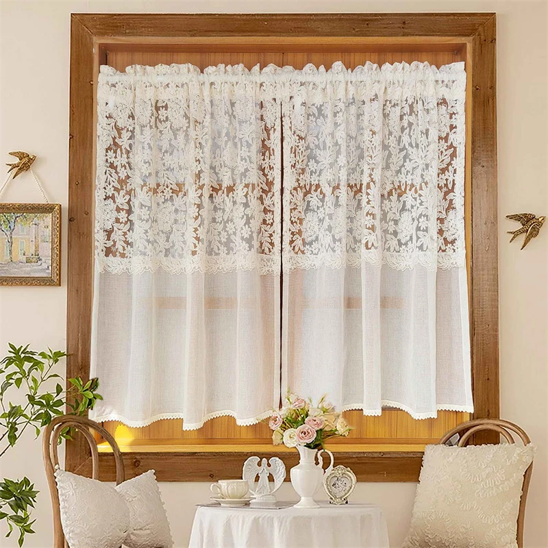 French 3D Flower Lace Curtains for Bedroom Kitchen French Romance Lace Embroidered Curtains Rod Pocket Top Woven Sheer Curtains