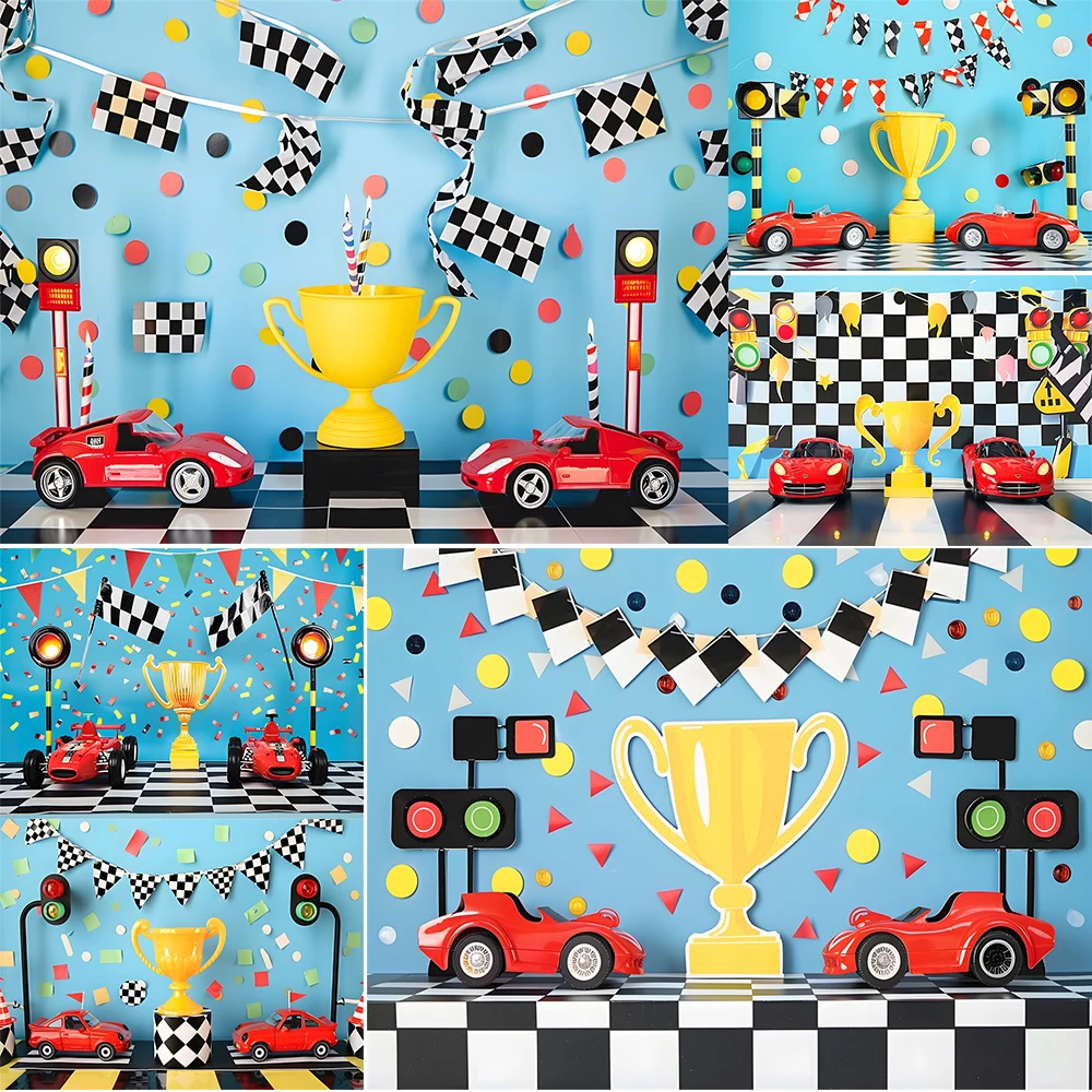 

Kids Birthday Photography Background Cartoon Car Colorful Balloon Yrophy Party Decor Cake Smash Portrait Backdrop Studio Prop