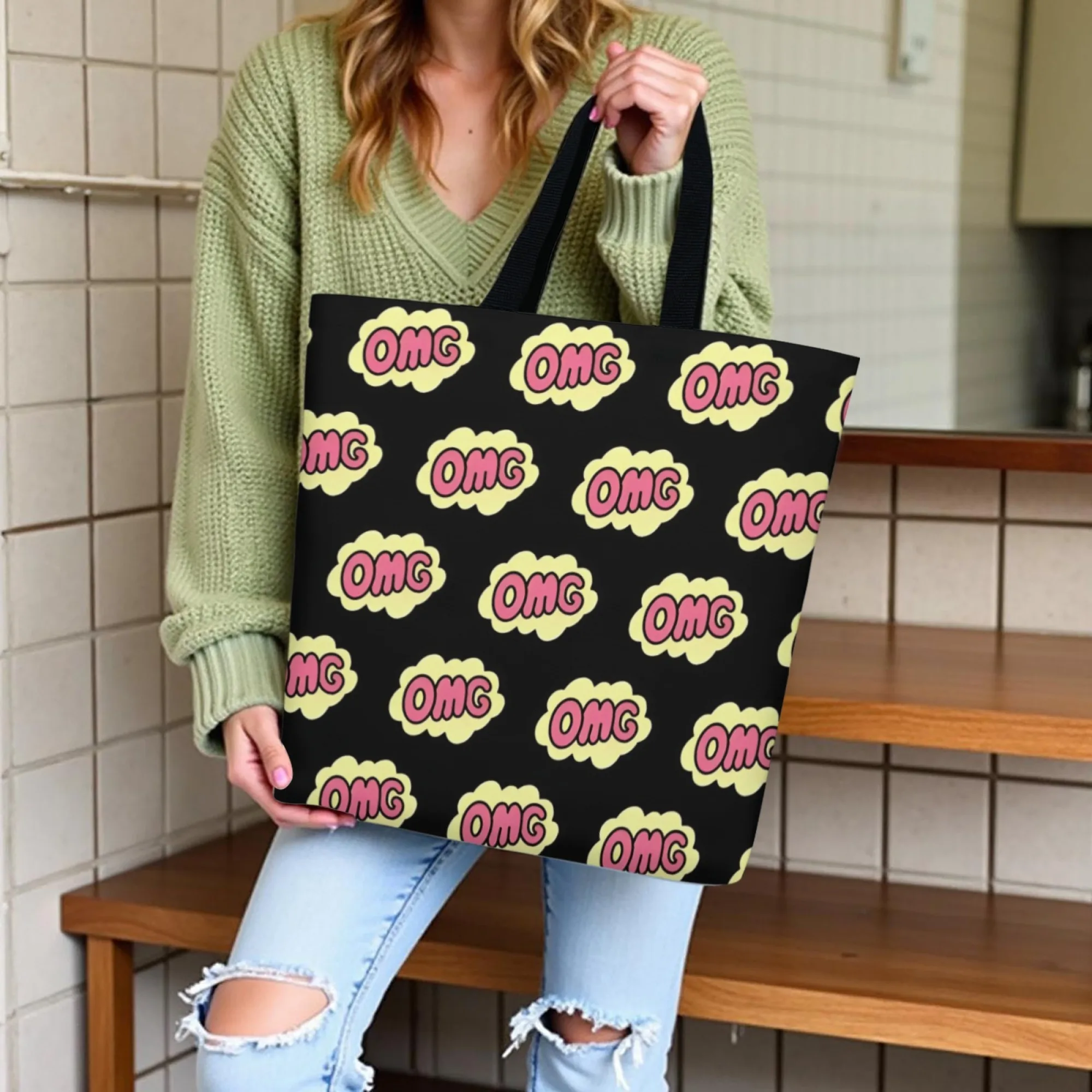 Women's Minimalist Vibrant Pop Art Canvas Tote Bag Black "OMG" Shoulder Bag for Women Reusable Shopping Bag for Daily Shopping