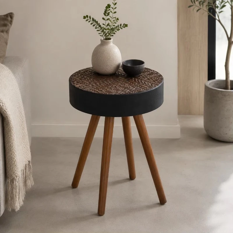 Small round coffee table with solid wood legs Modern style wooden side table