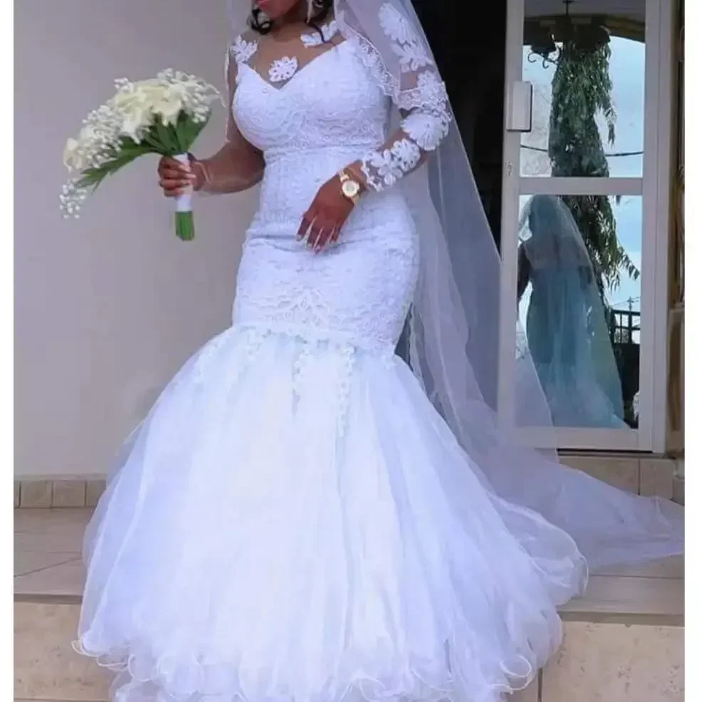 Vestido De Novia De sirena con apliques De encaje y cuello redondo personalizado, cola De barrido, vestido De Novia africano De manga larga