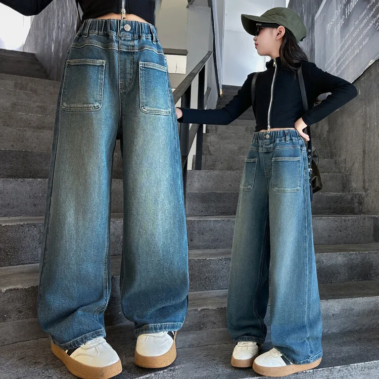 Wide Leg Jeans for Girls Spring Autumn Loose Vintage Straight Retro Pants Fashion Teenage Kids Trousers 6 8 9 10 11 12 14 Years