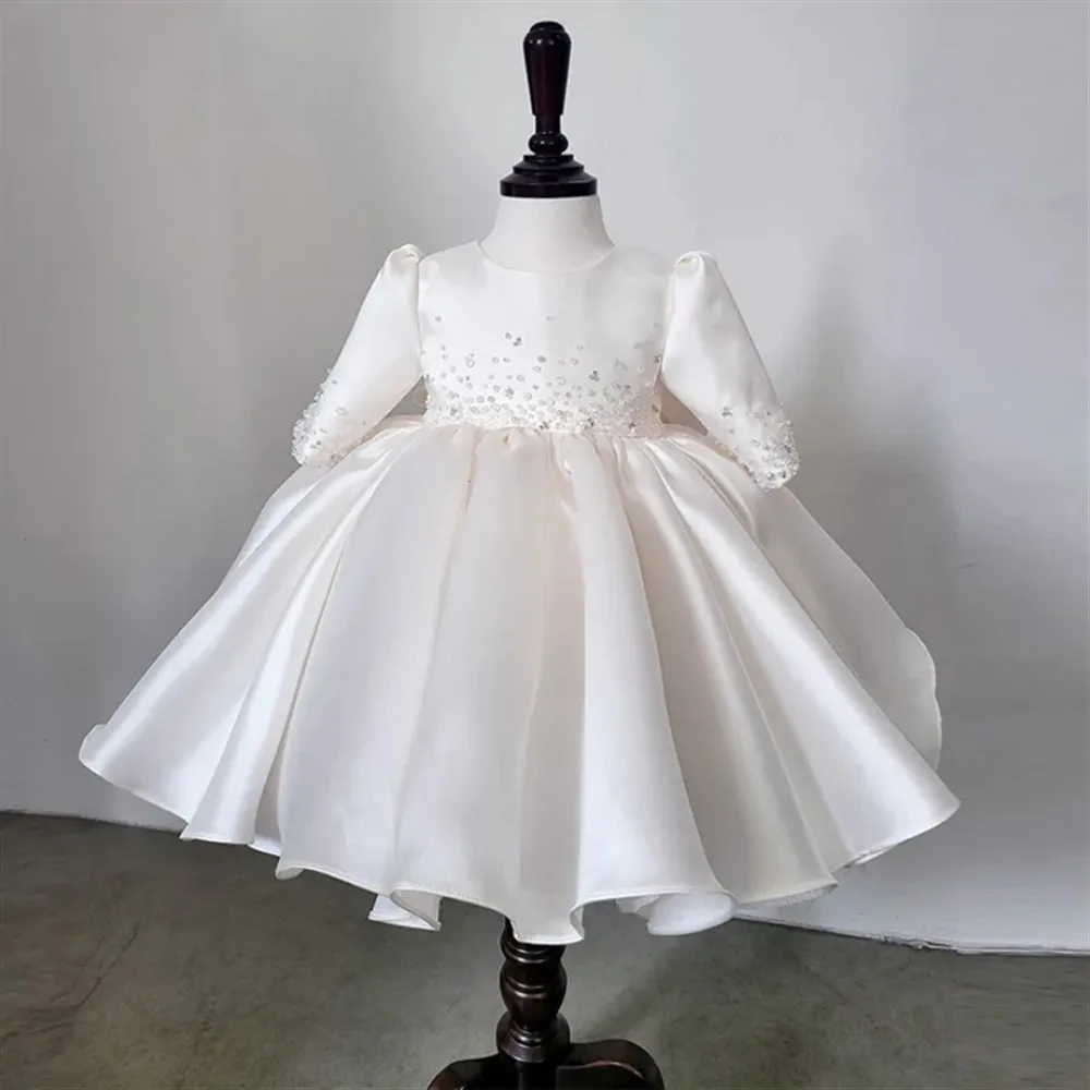 

Customized Elegant White Flower Girl Wedding Dress Satin Beaded with Bow Princess Birthday Party Dress Baby Baptism Ball Gown