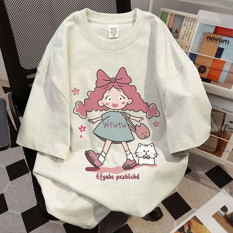 

Korean Vintage Kawaii Cartoon Girl Printed T-shirts Summer Loose Round Neck White Tees Women's Ins Style Casual All Match Tops