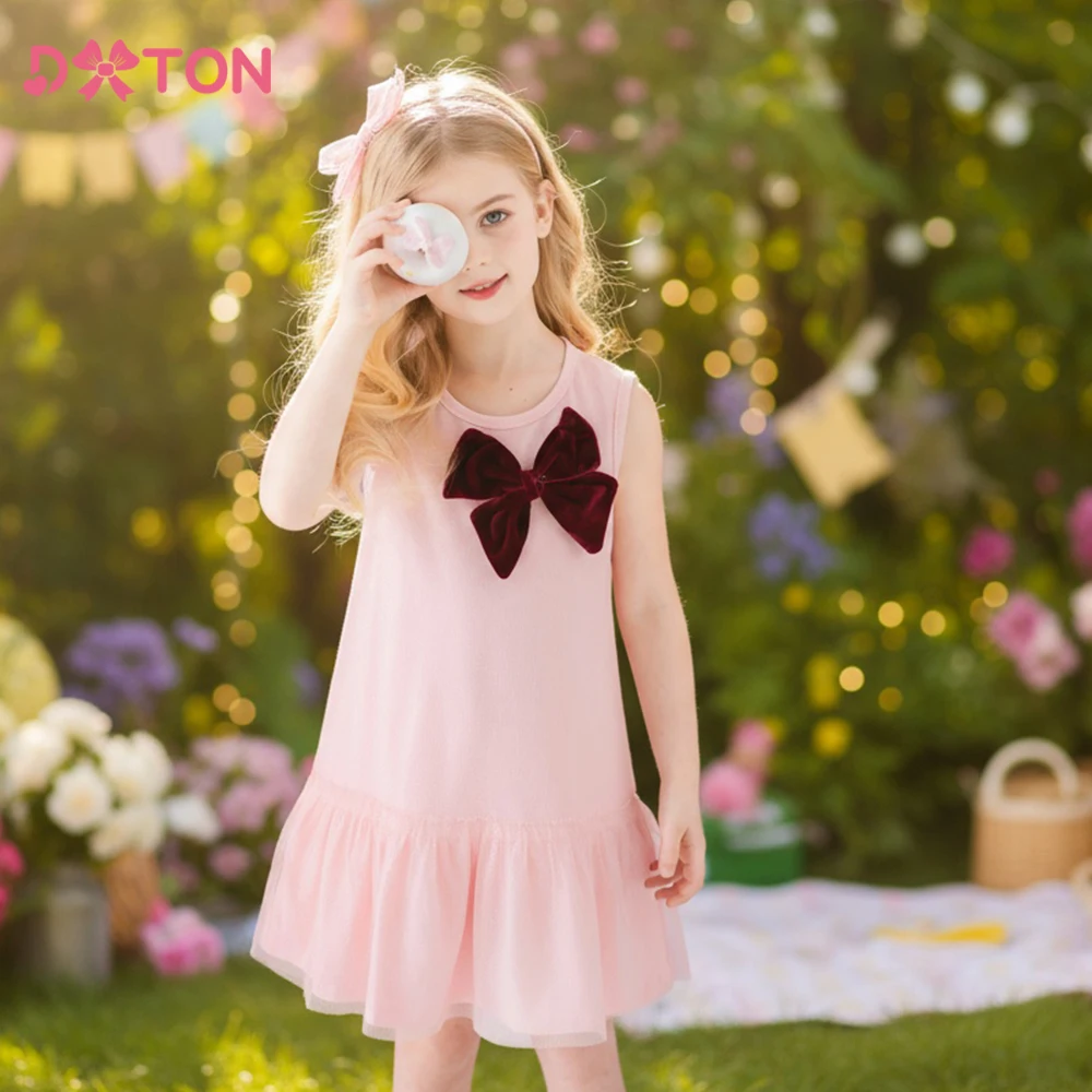 

DXTON Bow Sleeveless Summer Kids Dresses Straight A-Line Soild Pink Toddler Cotton Dress Daily Garden Party Little Girl Costumes