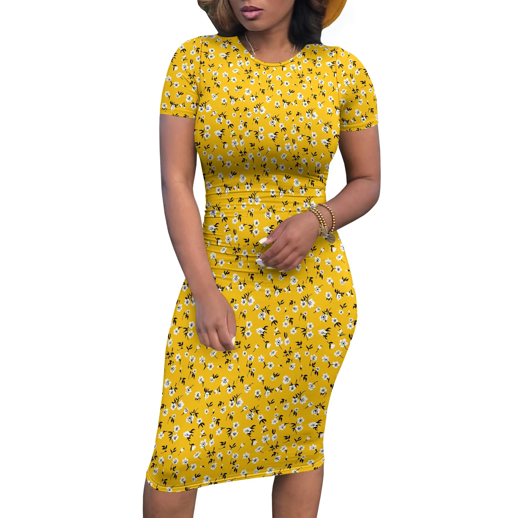 

Short Sleeve Bodycon Midi Dress for Women, Printed Round Neck Summer Style for Casual Day or Night Out