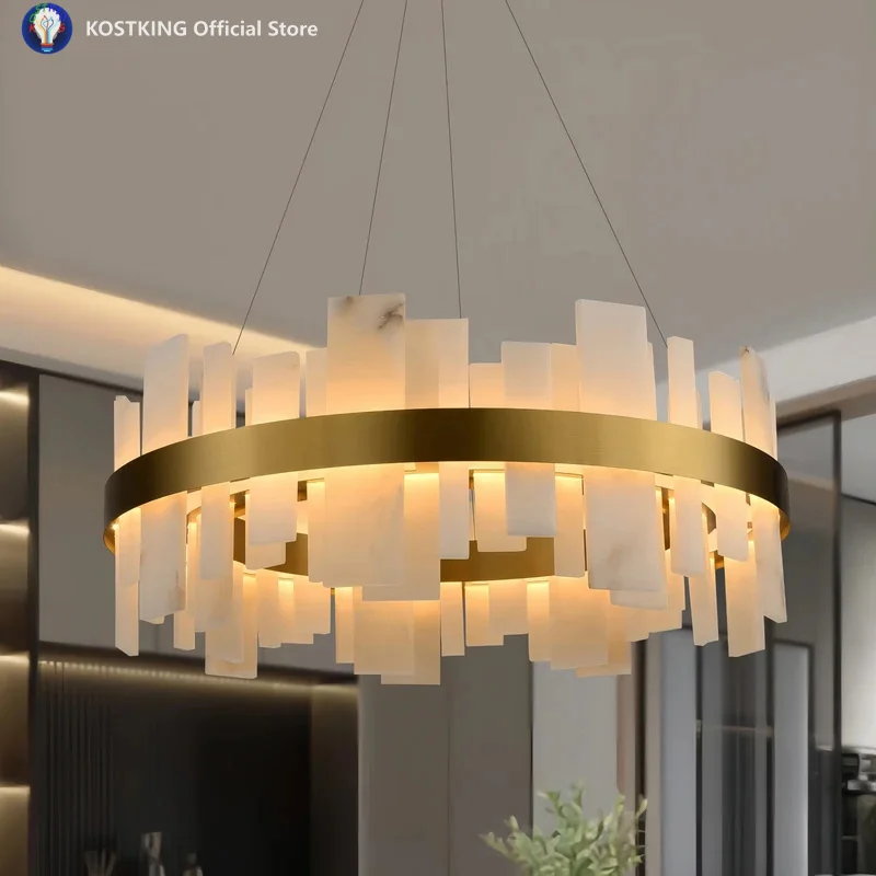 Modern Alabaster Round Chandelier LED Gold Black For Dining Room Bedroom Bar Study Marble Pendant Lighting Fixture