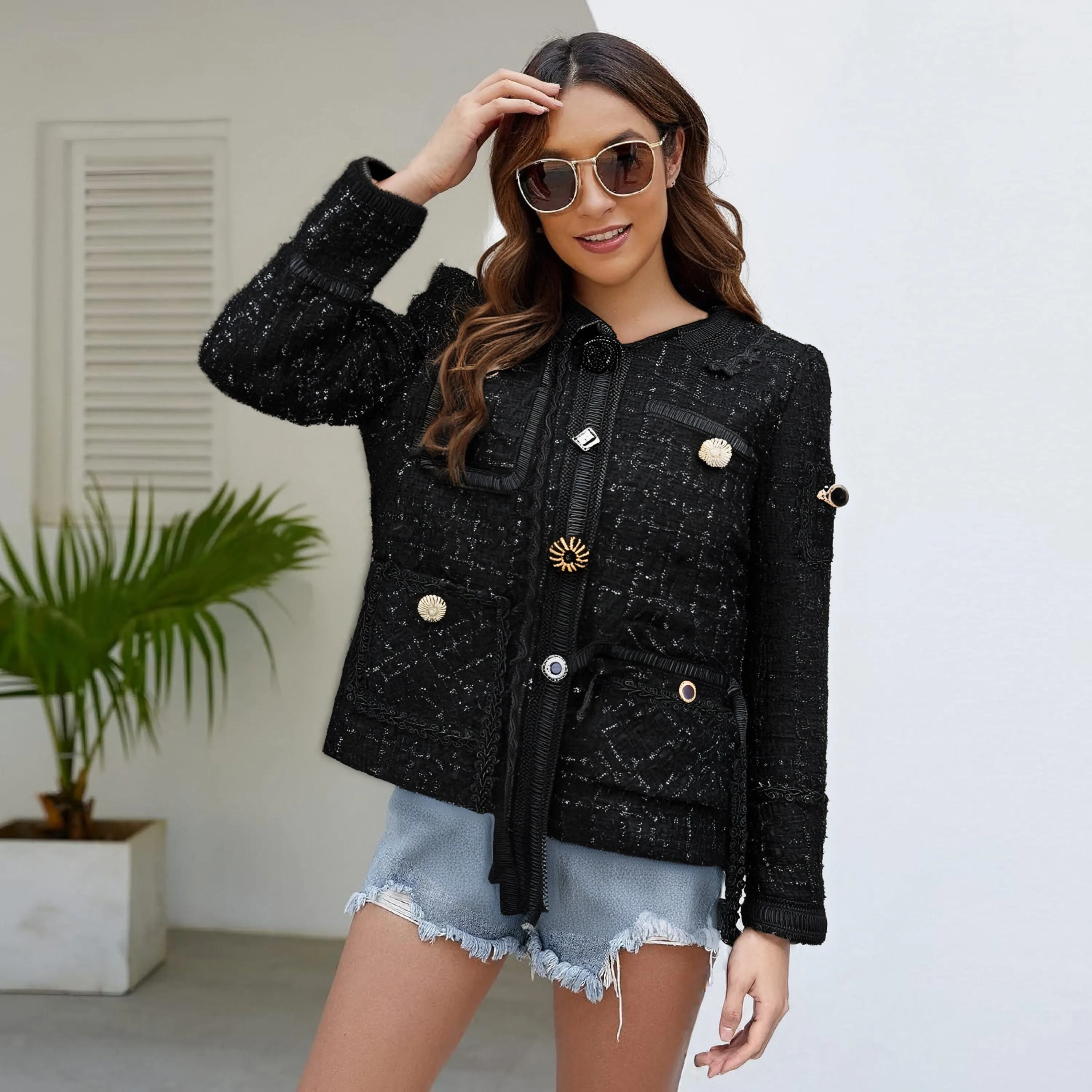 

Elegant Black Jacket High-End Design Versatile Fashionable Small Fragrance Feature