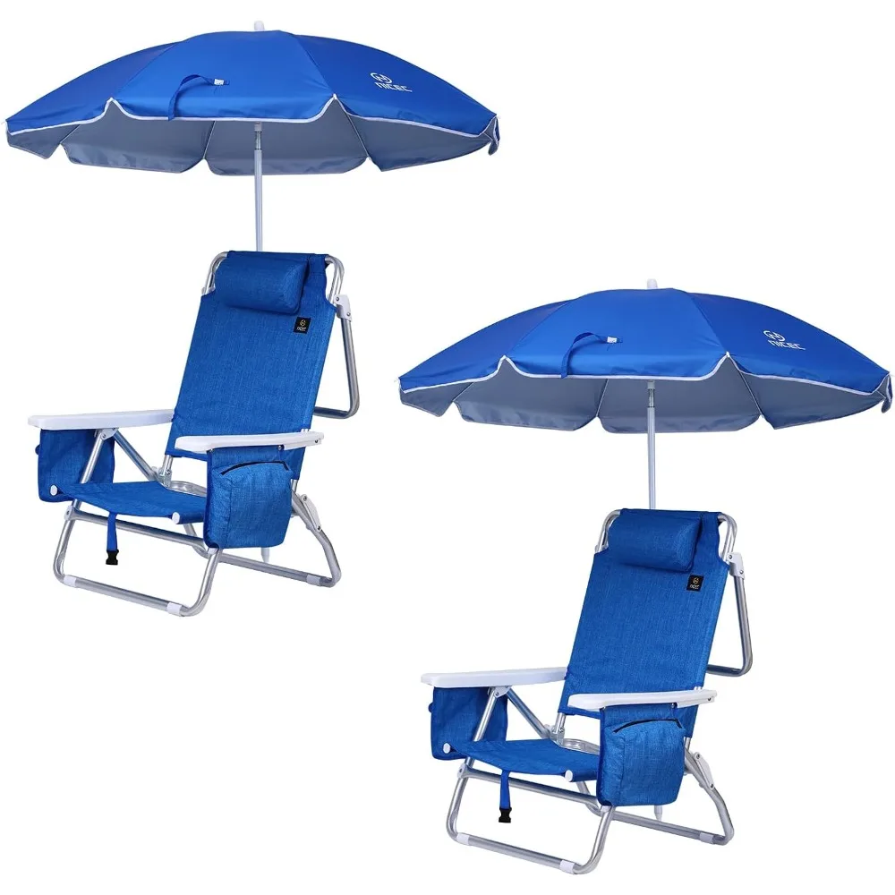

Backpack Beach Sand Chair with Cooler and Umbrella, Cup Holder for Outdoor, Camping, BBQ, Travel, Picnic (Two Blue)