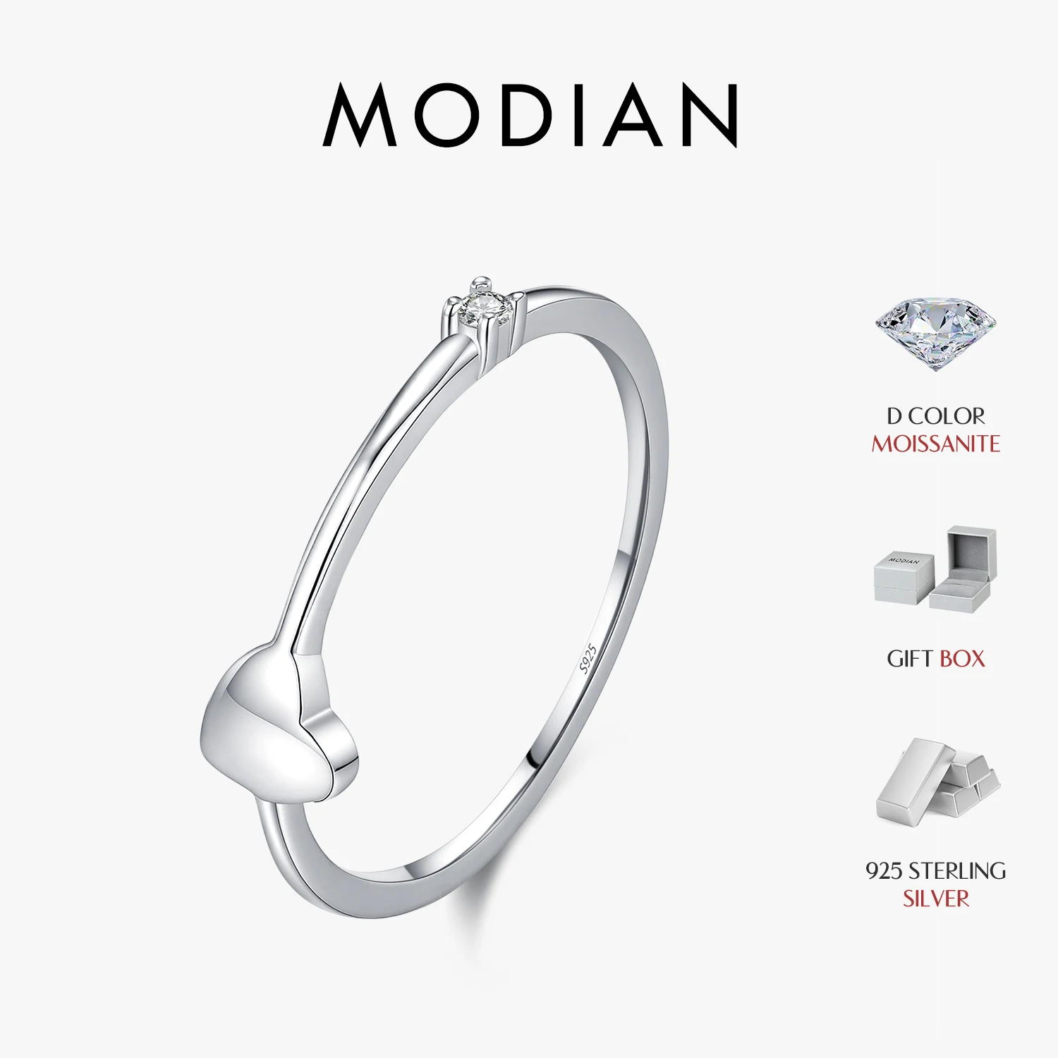 Anel Empilhável MODIAN D Color Moissanite em Prata Esterlina 925 com Diamante de Laboratório em Formato de Coração, Fino e Elegante, Anéis de Dedo para Mulheres, Joias